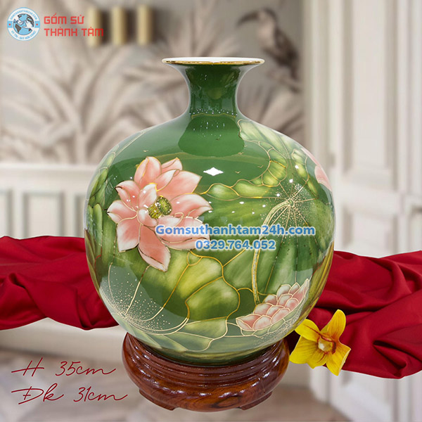 BÌNH HÚT LỘC XANH LÁ HOA VĂN VÀNG KIM HOA SEN