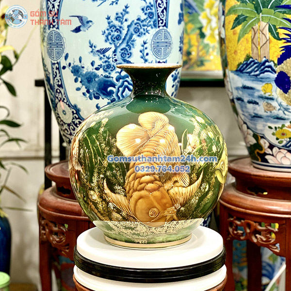 BÌNH HÚT LỘC XANH LÁ HOA VĂN VÀNG KIM CÁ CHÉP