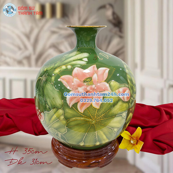 BÌNH HÚT LỘC XANH LÁ HOA VĂN VÀNG KIM HOA SEN