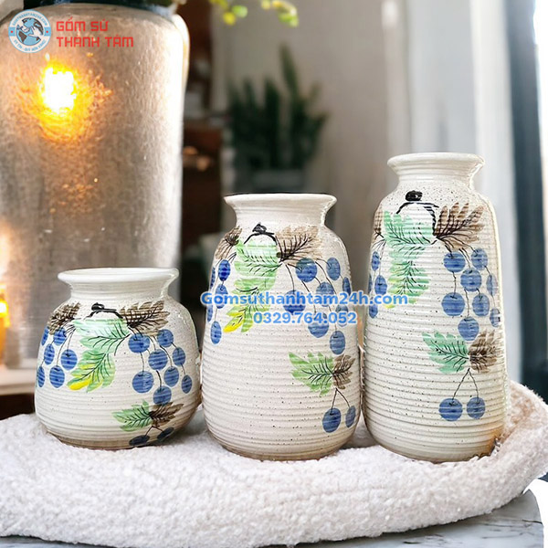 BỘ BA BÌNH HOA VẼ TAY CAO CẤP MEN TIÊU