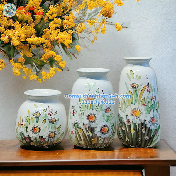 BỘ BA BÌNH HOA VẼ TAY CAO CẤP MEN TIÊU