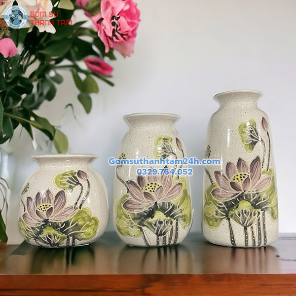 BỘ BA BÌNH HOA VẼ TAY CAO CẤP MEN TIÊU