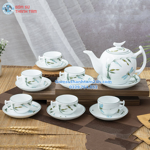 BỘ ẤM CHÉN TRẮNG IN LOGO HOA VĂN TINH XẢO, TỈ MỈ