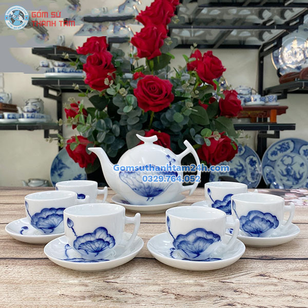 BỘ ẤM CHÉN TRẮNG IN LOGO HOA VĂN TINH XẢO, TỈ MỈ