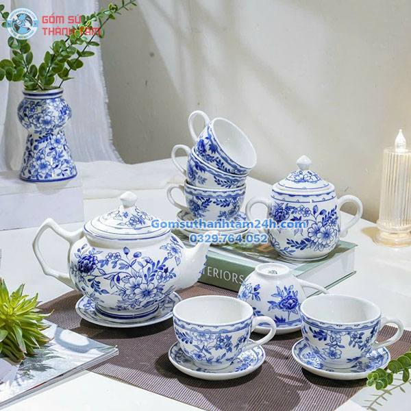 ẤM CHÉN HOẠ TIẾT XANH MEN TRẮNG IN LOGO CAO CẤP