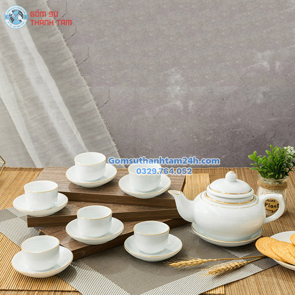 ẤM CHÉN TRẮNG IN LOGO THEO YÊU CẦU, VIỀN VÀNG KIM