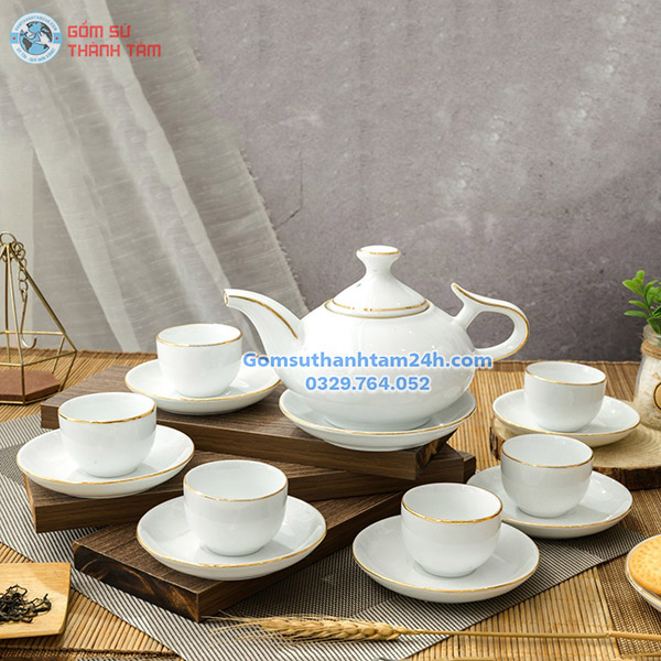 ẤM CHÉN TRẮNG IN LOGO THEO YÊU CẦU, VIỀN VÀNG KIM