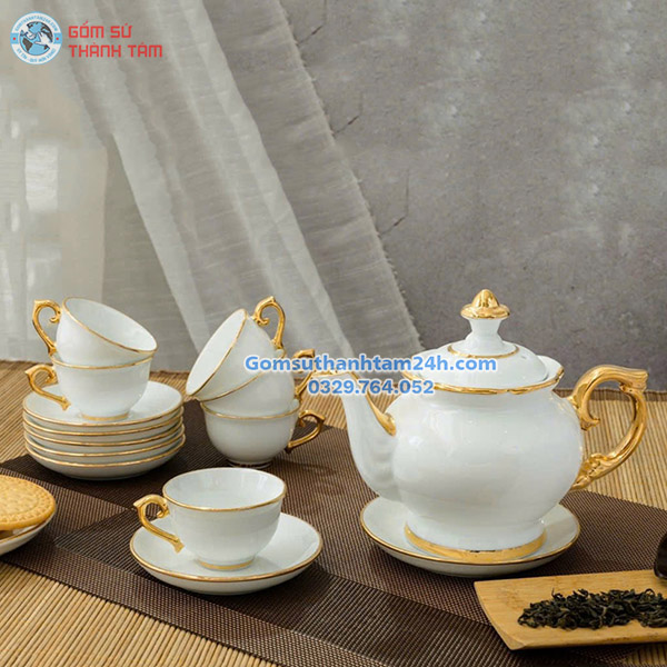 ẤM CHÉN TRẮNG ĐÀI CÁT VÀNG KIM IN LOGO CAO CẤP