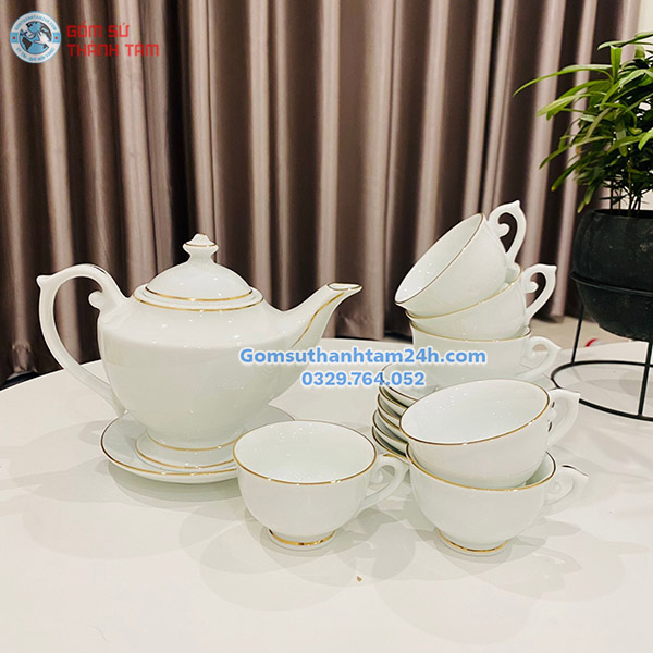 BỘ ẤM CHÉN ĐÈN THẦN TRẮNG IN LOGO VIỀN VÀNG KIM