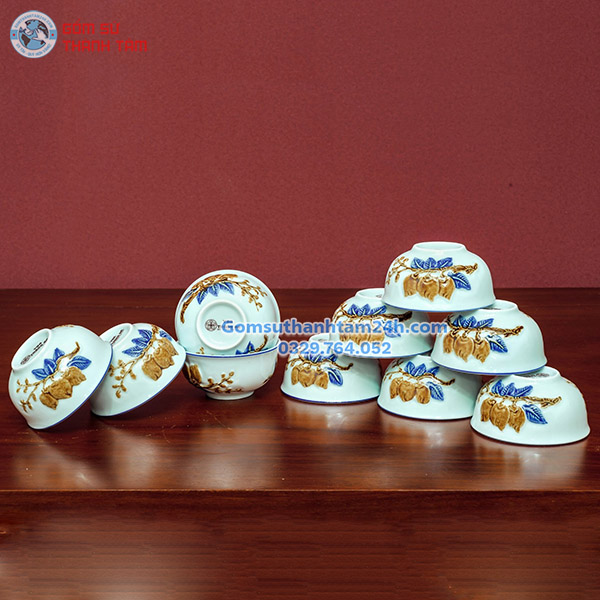 BÁT ĐĨA THỜ MEN XANH ĐẮP NỔI CAO CẤP, HOẠ TIẾT ĐÀO TIÊN