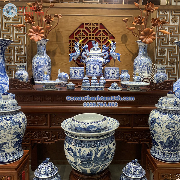 BỘ ĐỒ THỜ GIA TIÊN MEN XANH ĐẮP NỔI BẮT MẮT