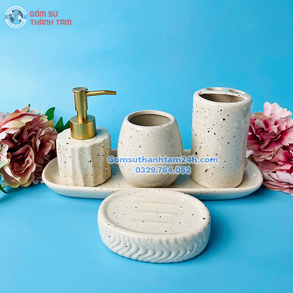 Bình đựng xà phòng gốm sứ họa tiết xà cừ