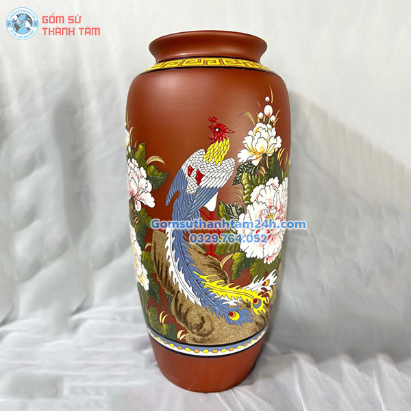 BÌNH HOA GỐM NÂU ĐỎ KHẮC HOA VĂN ĐỘC ĐÁO