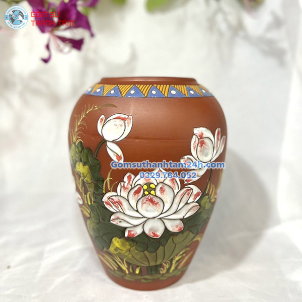 BÌNH HOA GỐM NÂU ĐỎ DÁNG VÒ RƯỢU TRUYỀN THỐNG