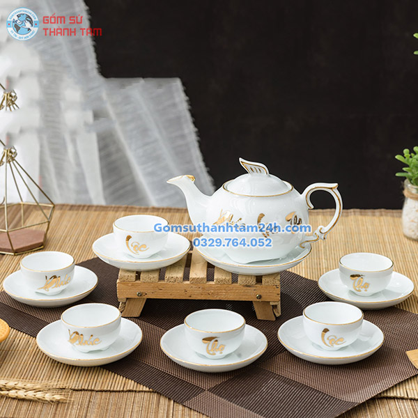 ẤM CHÉN TRẮNG IN LOGO HOẠ TIẾT VÀNG KIM ĐỘC ĐÁO