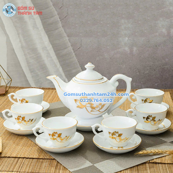 ẤM CHÉN TRẮNG IN LOGO HOẠ TIẾT VÀNG KIM CHẤT LƯỢNG