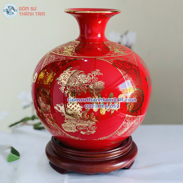 BÌNH HÚT LỘC ĐỎ TRƠN VÀNG KIM TỨ QUÝ VẠN SỰ NHƯ Ý