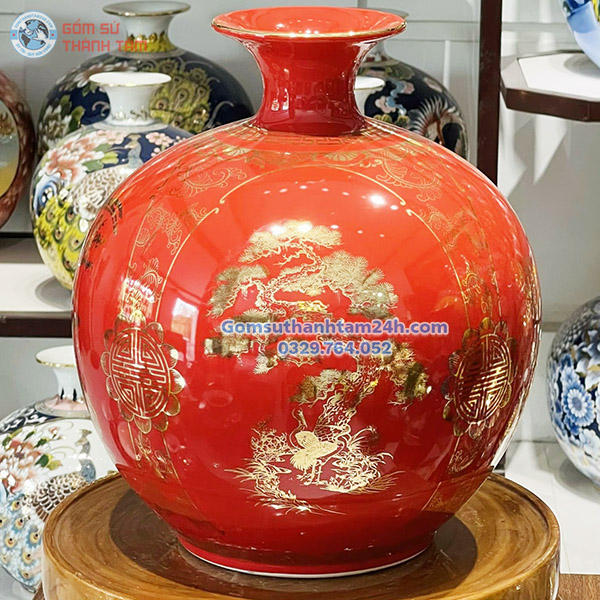 BÌNH HÚT LỘC ĐỎ TRƠN VÀNG KIM TỨ QUÝ