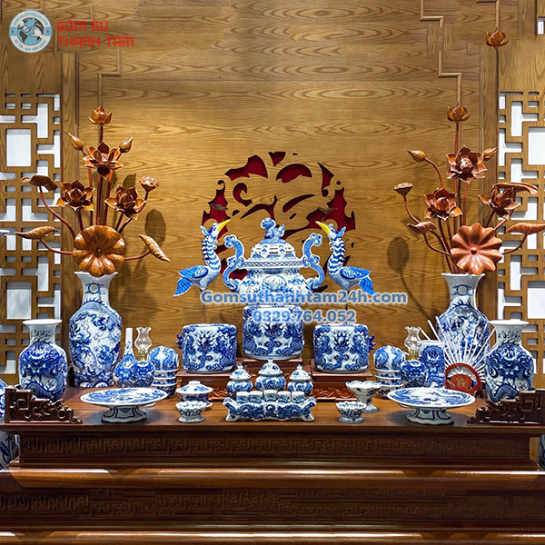 BỘ ĐỒ THỜ GIA TIÊN MEN XANH ĐẮP NỔI BẮT MẮT