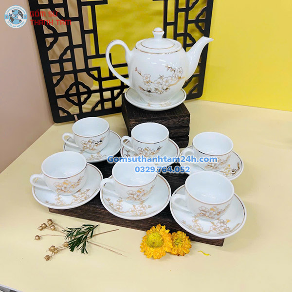 ẤM CHÉN MINH LONG MEN TRẮNG IN LOGO BỀN ĐẸP