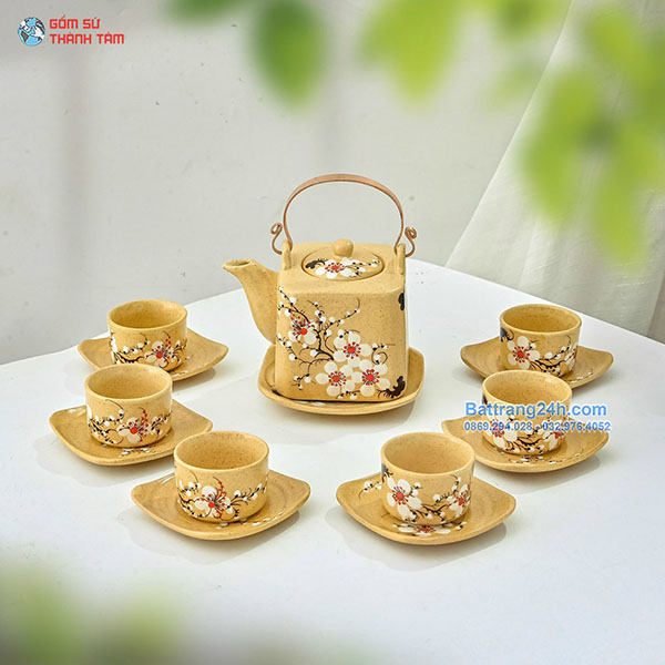 ẤM CHÉN ĐỘC ĐÁO MEN TRO DÁNG VUÔNG HOẠ TIẾT HOA ĐÀO