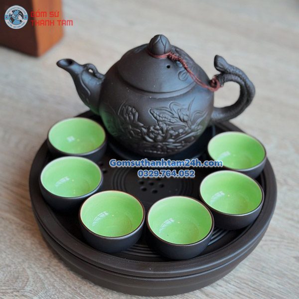 ẤM CHÉN TỬ SA MEN ĐEN KHAY TRÒN THỦNG CAO CẤP