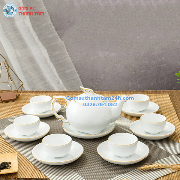 ẤM CHÉN TRẮNG IN LOGO THEO YÊU CẦU, VIỀN VÀNG KIM