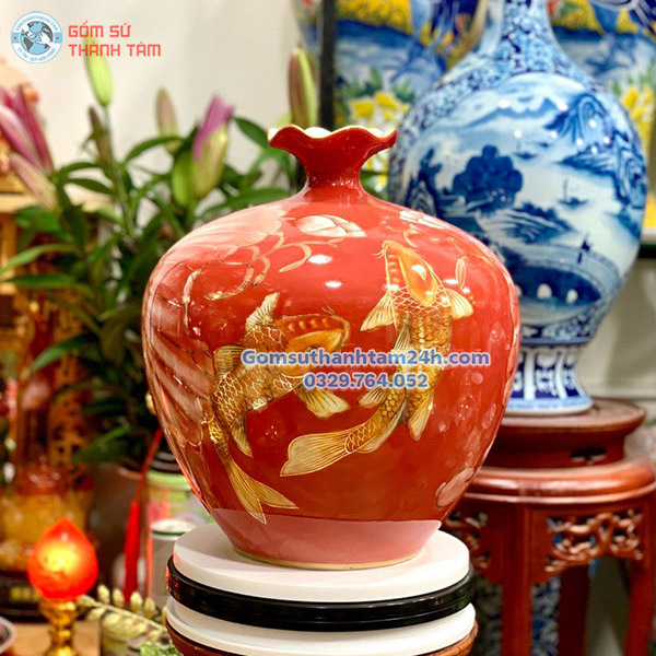 BÌNH HÚT LỘC ĐỎ HOA VĂN VÀNG KIM CÁ CHÉP