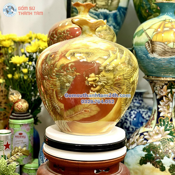 BÌNH HÚT LỘC ĐỎ HOA VĂN VÀNG KIM RỒNG PHƯỢNG SUM VẦY