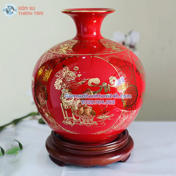 BÌNH HÚT LỘC ĐỎ TRƠN VÀNG KIM TỨ QUÝ VẠN SỰ NHƯ Ý