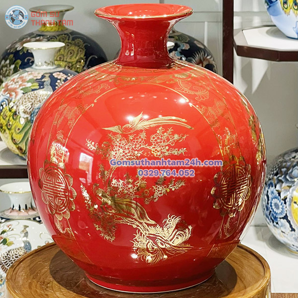 BÌNH HÚT LỘC ĐỎ TRƠN VÀNG KIM TỨ QUÝ