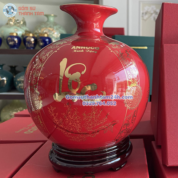 BÌNH HÚT LỘC ĐỎ TRƠN VÀNG KIM IN LOGO THEO YÊU CẦU