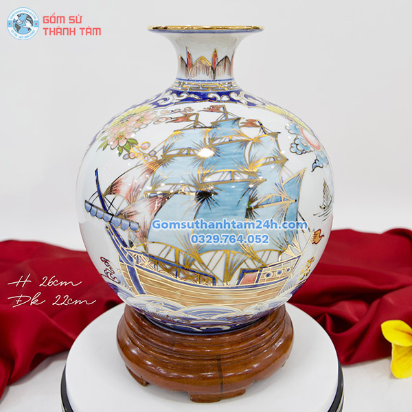 BÌNH HÚT LỘC TRẮNG HOA VĂN VÀNG KIM MÃ ĐÁO THUẬN BUỒM