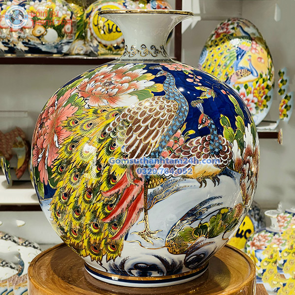 BÌNH HÚT LỘC XANH DƯƠNG HOA VĂN VÀNG KIM CHIM CÔNG