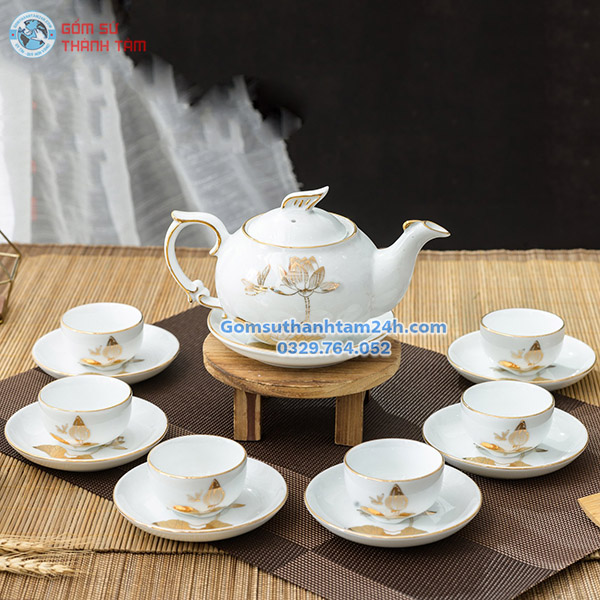 ẤM CHÉN TRẮNG IN LOGO HOẠ TIẾT VÀNG KIM ĐỘC ĐÁO