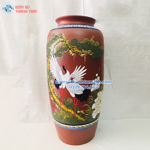 BÌNH HOA GỐM NÂU ĐỎ KHẮC HOA VĂN ĐỘC ĐÁO