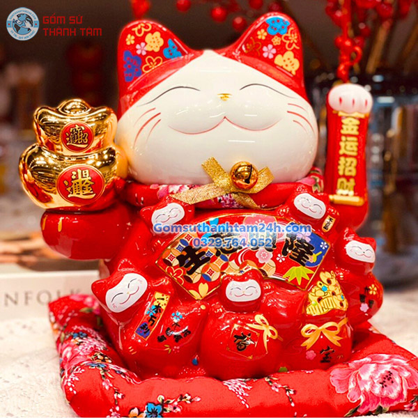 MÈO THẦN TÀI VẪY TAY 25CM CẦN TÚI VÀNG, TAI HOA