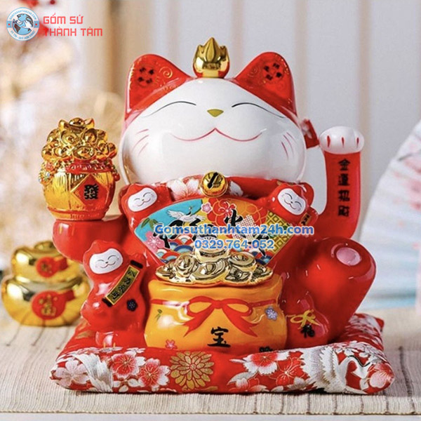 MÈO THẦN TÀI VẪY TAY CAO 20CM TAI ĐỎ CHIÊU TÀI LỘC