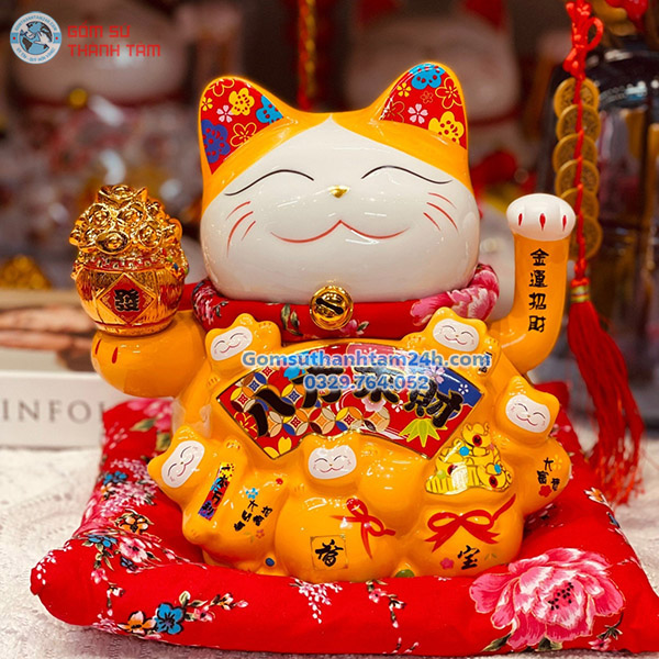 MÈO THẦN TÀI VẪ TAY CAO 20CM CẦM TÚI VÀNG, TAI HOA