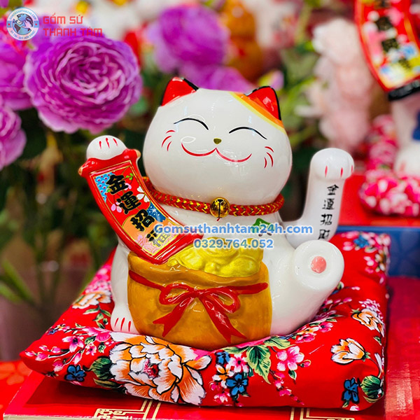 MÈO THẦN TÀI VẪY TAY 16CM CẦM CÂU ĐỐI ĐẸP MẮT