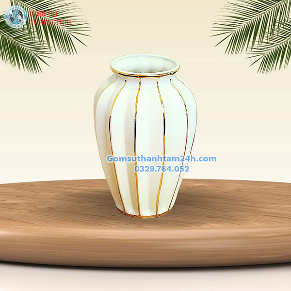 BÌNH HOA MEN TRẮNG DÁNG CAO VIỀN VÀNG KIM