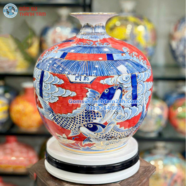 BÌNH HÚT LỘC ĐỎ HOA VĂN VÀNG KIM CÁ CHÉP