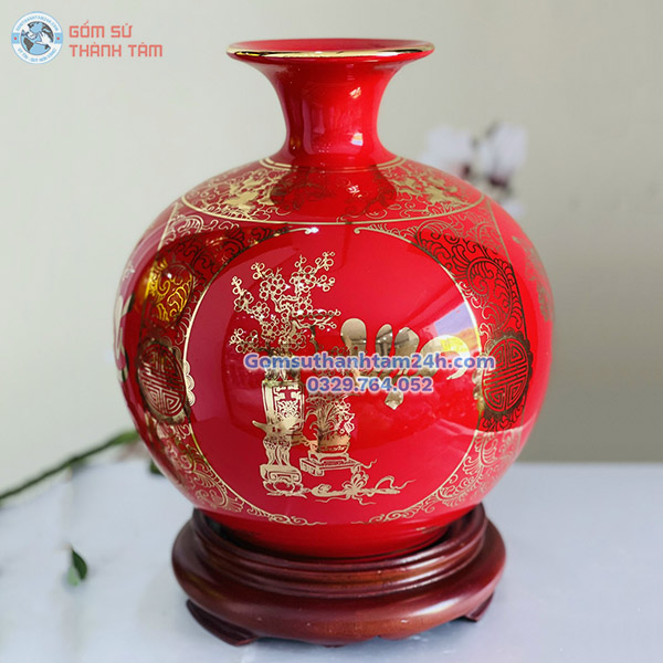 BÌNH HÚT LỘC ĐỎ TRƠN VÀNG KIM TỨ QUÝ VẠN SỰ NHƯ Ý