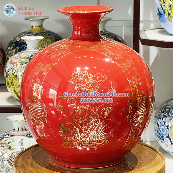 BÌNH HÚT LỘC ĐỎ TRƠN VÀNG KIM TỨ QUÝ