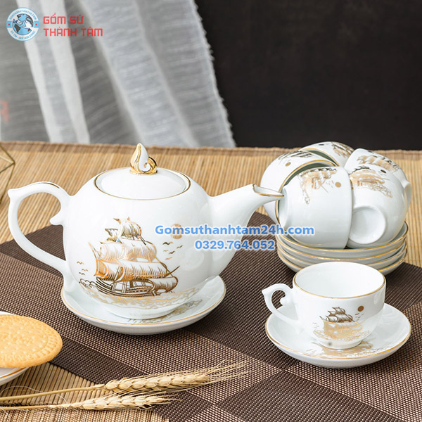 ẤM CHÉN CHÓP LỬA MEN TRẮNG IN LOGO ĐẸP MẮT