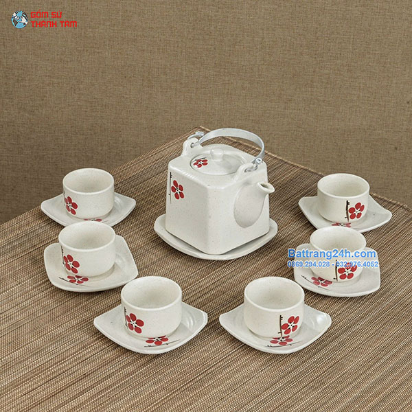 ẤM CHÉN ĐỘC ĐÁO MEN TRO DÁNG VUÔNG HOẠ TIẾT HOA ĐÀO