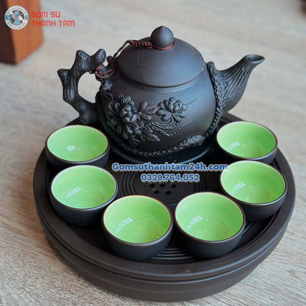 ẤM CHÉN TỬ SA MEN ĐEN KHAY TRÒN THỦNG CAO CẤP