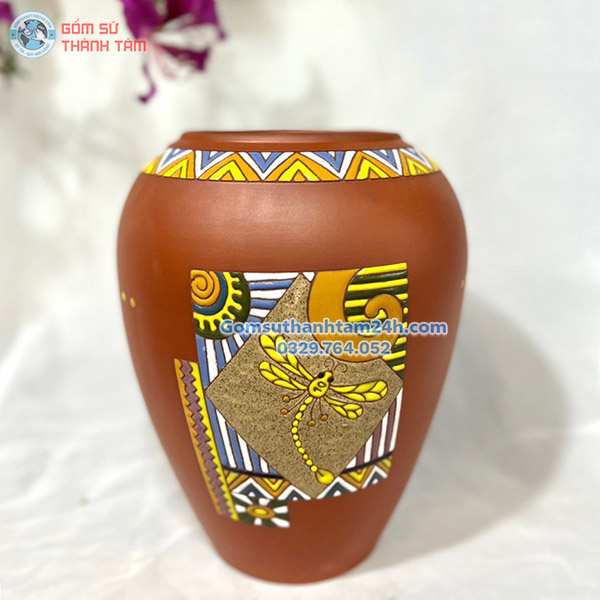 BÌNH HOA GỐM NÂU ĐỎ DÁNG VÒ RƯỢU TRUYỀN THỐNG