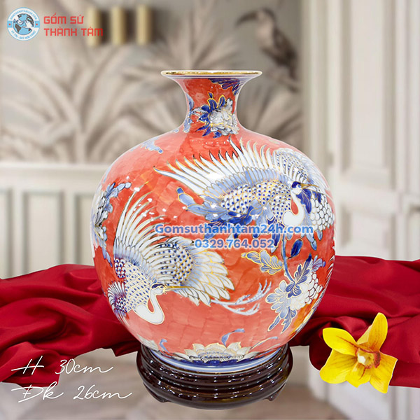 BÌNH HÚT LỘC ĐỎ HOA VĂN VÀNG KIM CHIM HẠC