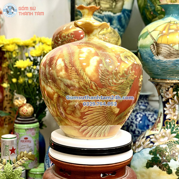 BÌNH HÚT LỘC ĐỎ HOA VĂN VÀNG KIM RỒNG PHƯỢNG SUM VẦY